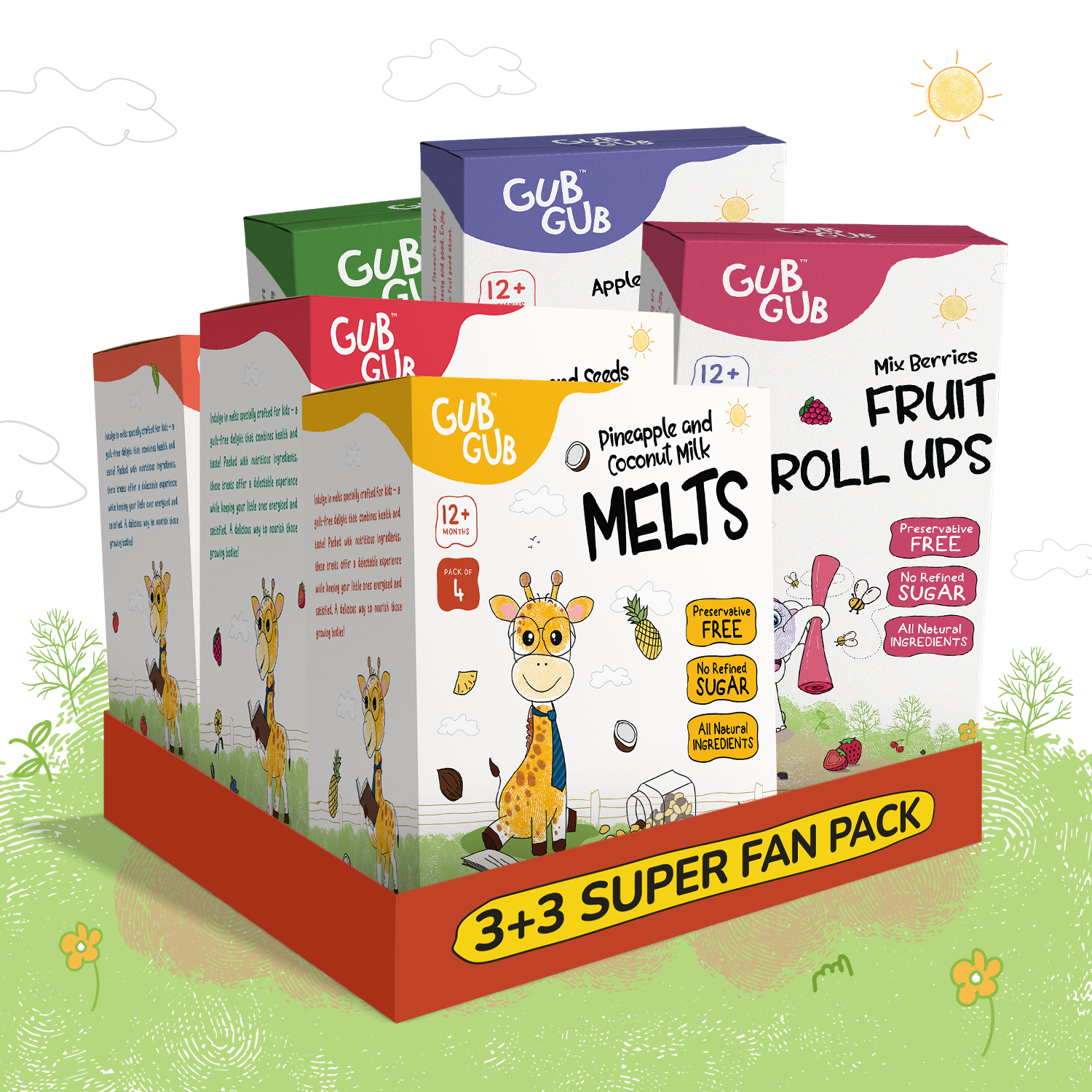 GubGub Super Fan - Pack of 6 (3 Fruit Roll Ups + 3 Fruit Melts)